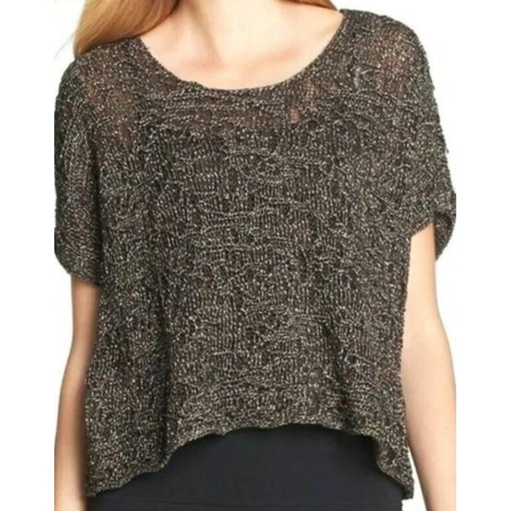 Eileen Fisher L brown linen blend metallic textured stretchy dolman sweater top